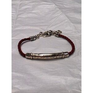 Brighton Burgundy Braided Leather Bracelet Silver Floral Engraved Tube Bar